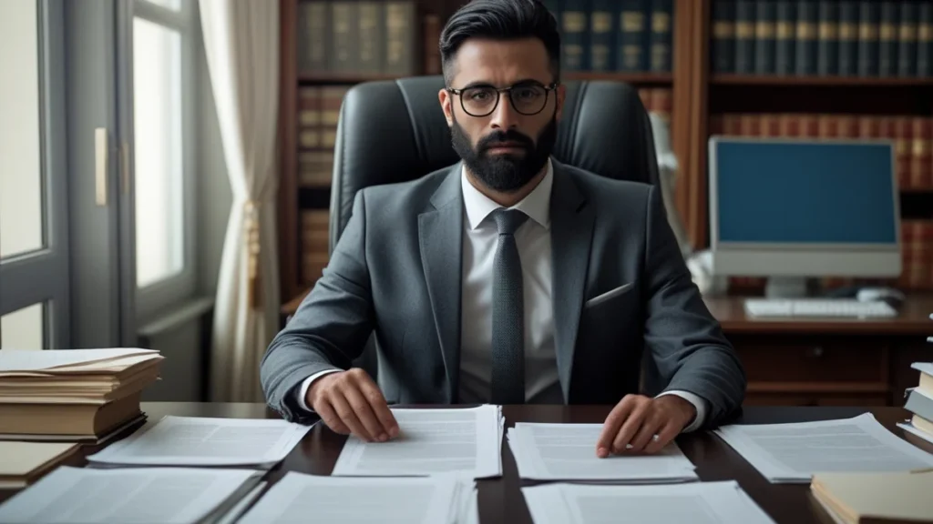Advogado em consulta jurídica analisando documentos sobre direitos e prerrogativas profissionais em São Paulo.
