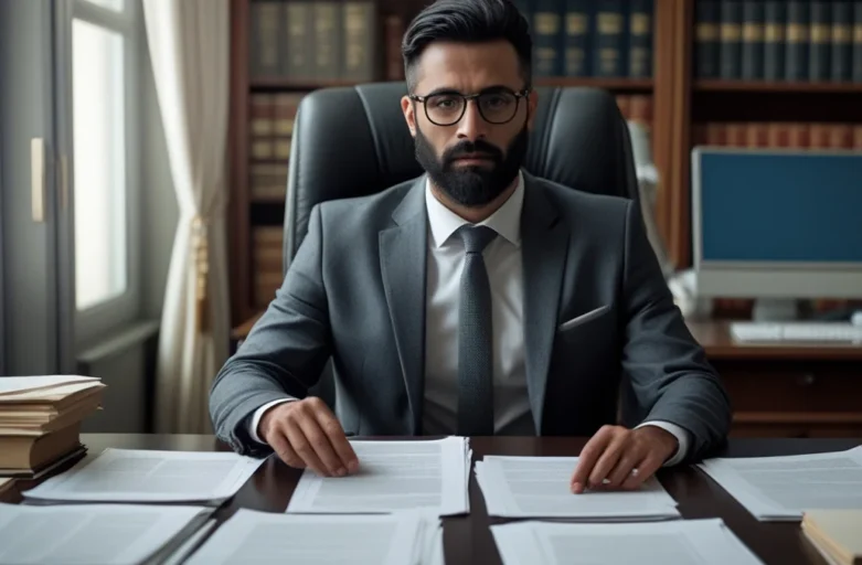 Advogado em consulta jurídica analisando documentos sobre direitos e prerrogativas profissionais em São Paulo.