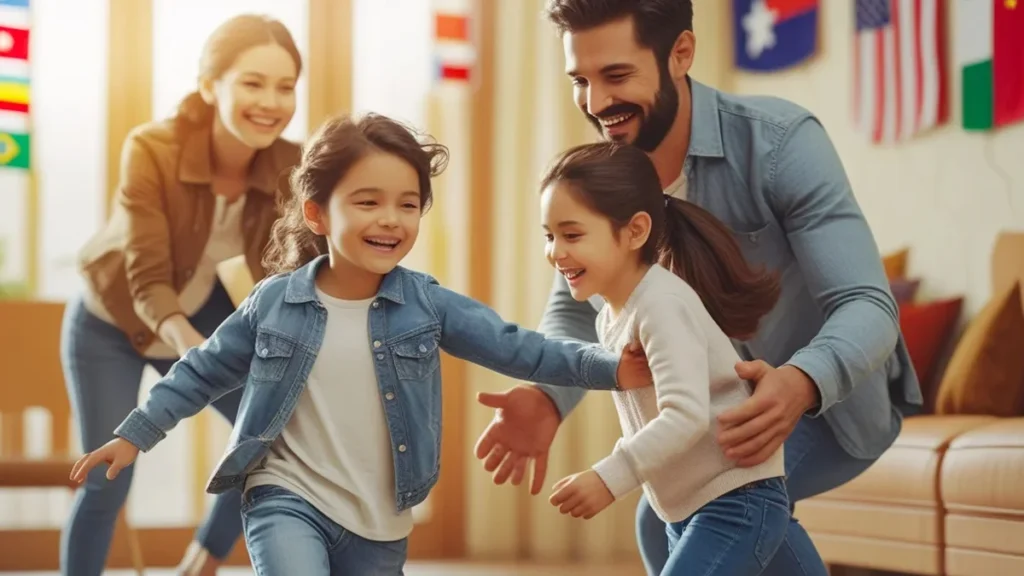 Casal brincando com crianças em uma sala, planejando adoção