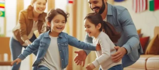 Casal brincando com crianças em uma sala, planejando adoção
