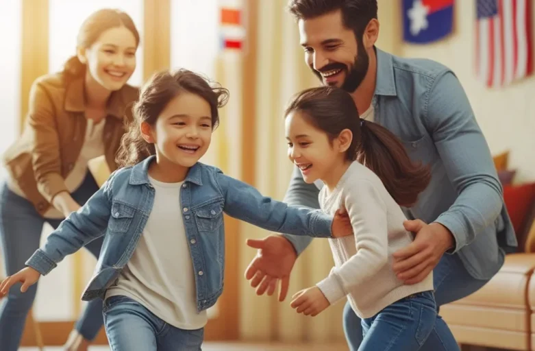 Casal brincando com crianças em uma sala, planejando adoção