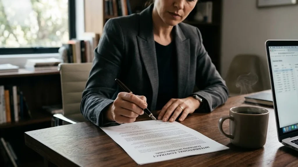 Advogado em São Paulo analisando contrato de consumo internacional sobre mesa de madeira com café e notebook.