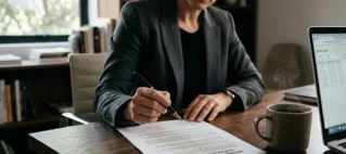 Advogado em São Paulo analisando contrato de consumo internacional sobre mesa de madeira com café e notebook.