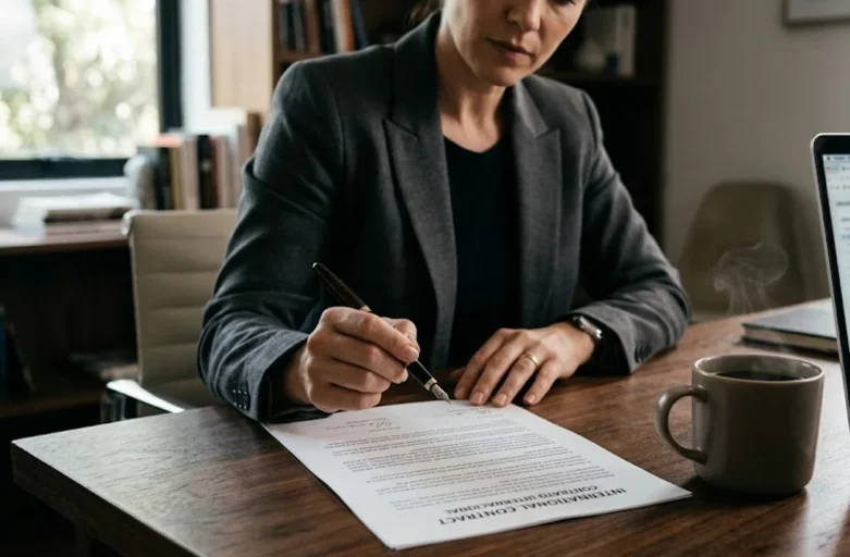 Advogado em São Paulo analisando contrato de consumo internacional sobre mesa de madeira com café e notebook.