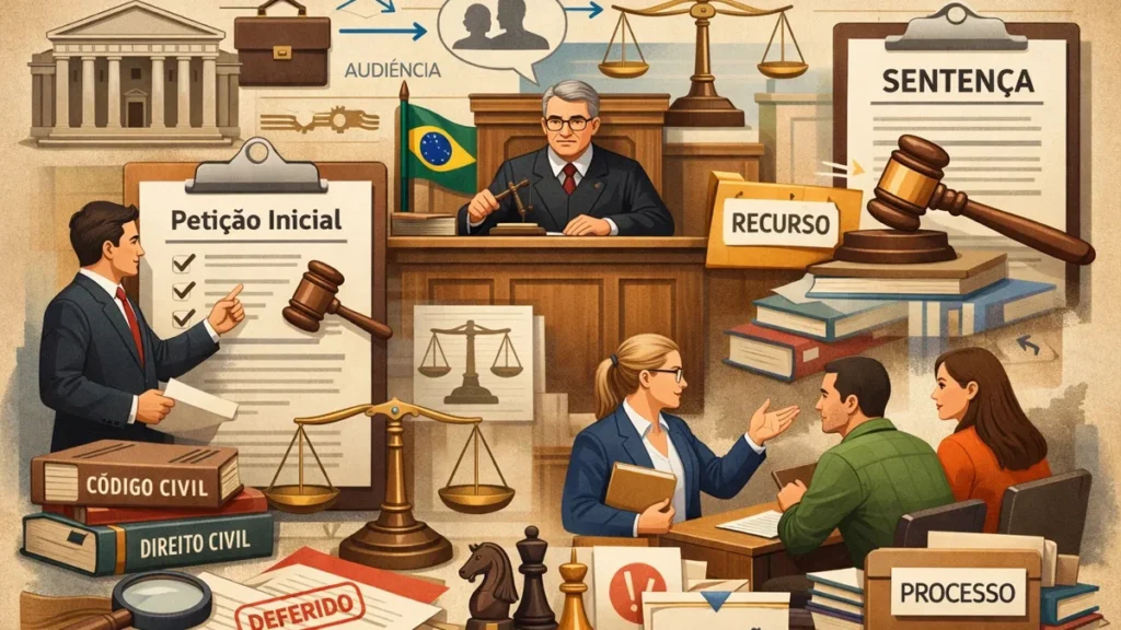 Ilustração representando o contencioso cível e procedimentos legais em um processo judicial