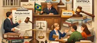 Ilustração representando o contencioso cível e procedimentos legais em um processo judicial