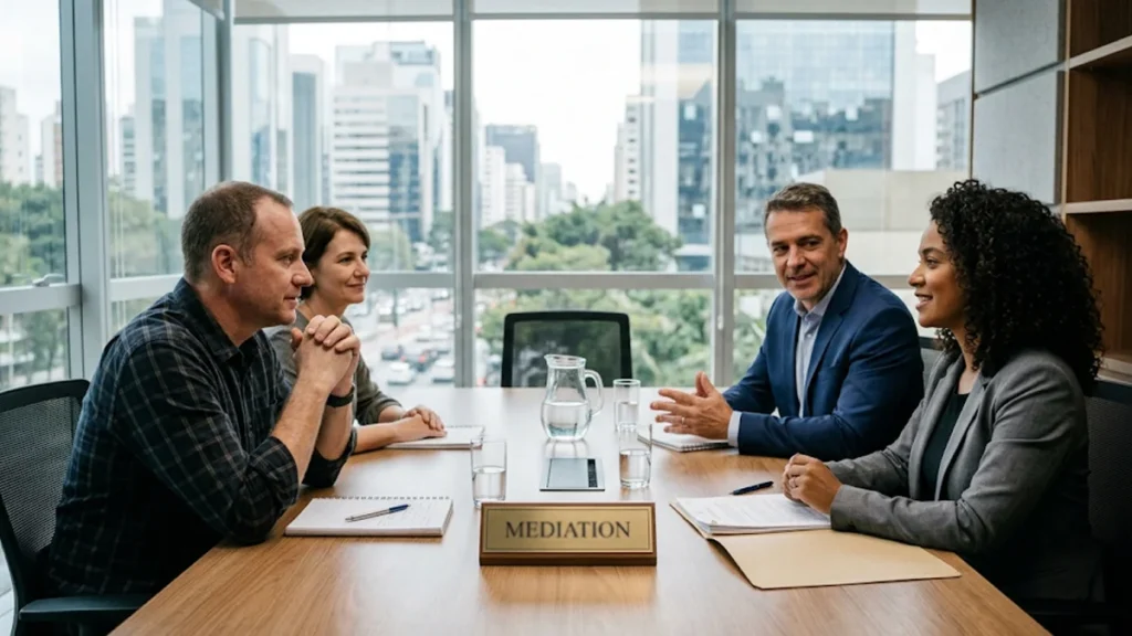 Advogados e clientes em sessão de mediação familiar em São Paulo para acordo patrimonial.