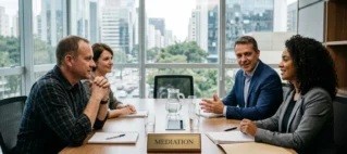 Advogados e clientes em sessão de mediação familiar em São Paulo para acordo patrimonial.