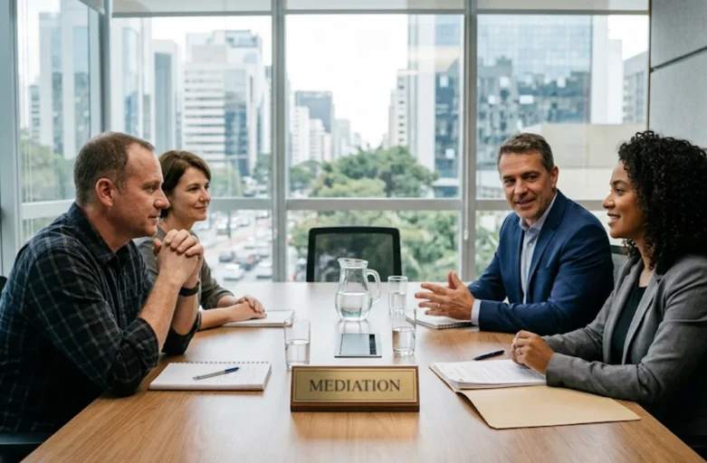 Advogados e clientes em sessão de mediação familiar em São Paulo para acordo patrimonial.
