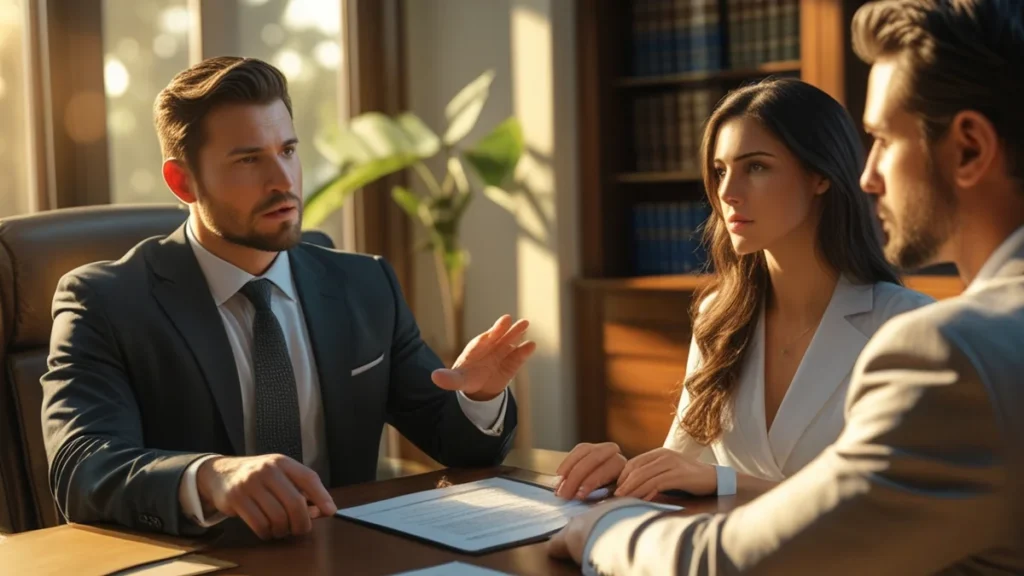 Advogado explicando a partilha de bens e o direito à meação para um casal em uma mesa de escritório.