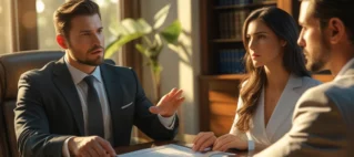 Advogado explicando a partilha de bens e o direito à meação para um casal em uma mesa de escritório.