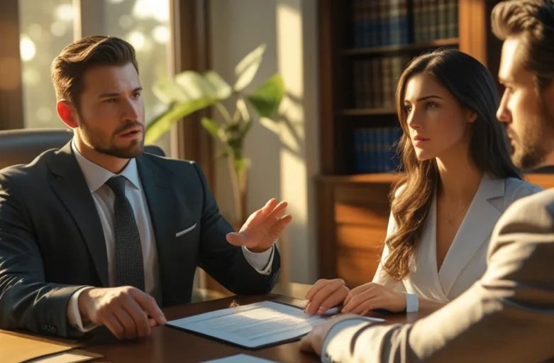 Advogado explicando a partilha de bens e o direito à meação para um casal em uma mesa de escritório.