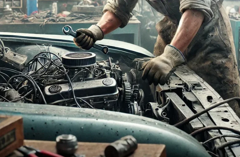 Proprietário de veículo preocupado diante de uma oficina mecânica fechada, ilustrando problemas com prestação de serviço.