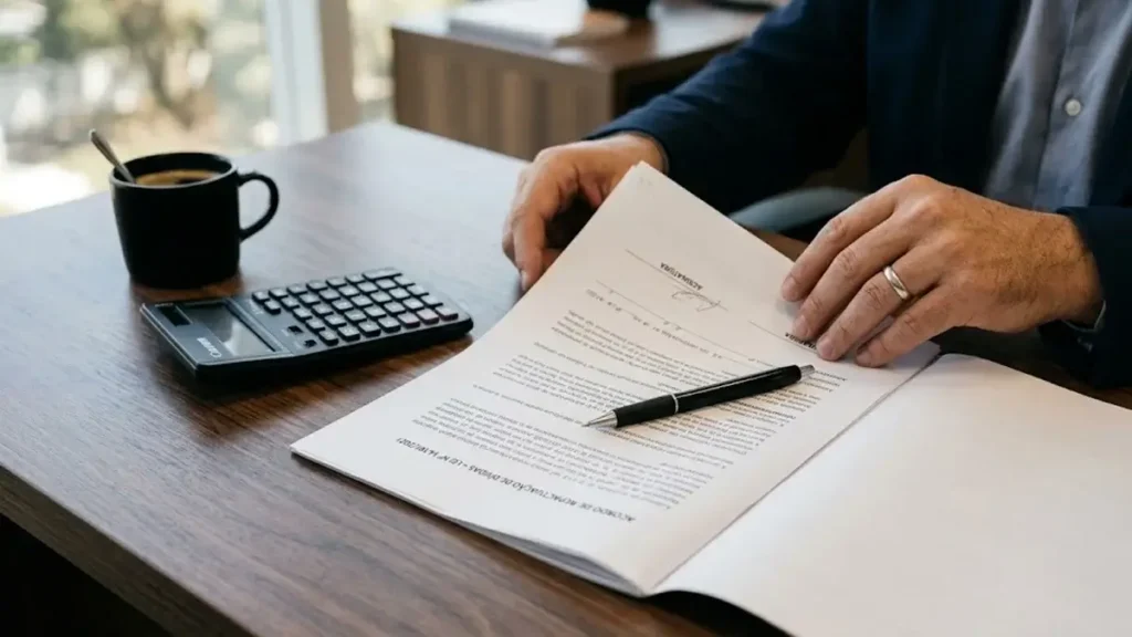 Close-up de mãos organizando documentos de renegociação de dívidas sobre uma mesa de madeira, simbolizando planejamento financeiro e assessoria jurídica.