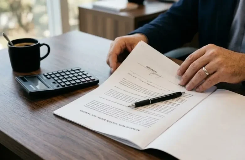 Close-up de mãos organizando documentos de renegociação de dívidas sobre uma mesa de madeira, simbolizando planejamento financeiro e assessoria jurídica.
