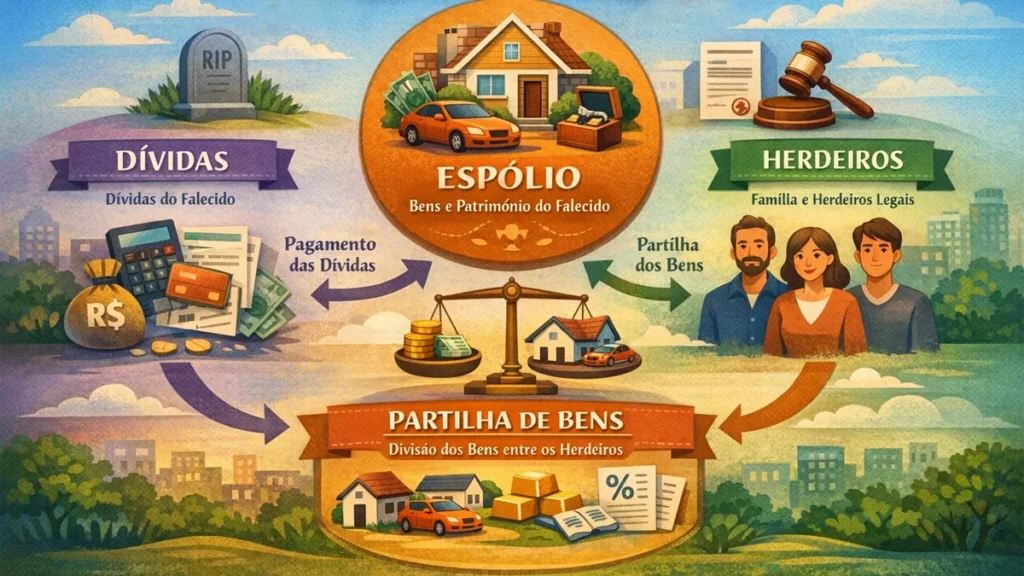 Infográfico explicando a relação entre espólio, dívidas e partilha de bens entre herdeiros em um processo de inventário.