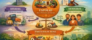 Infográfico explicando a relação entre espólio, dívidas e partilha de bens entre herdeiros em um processo de inventário.