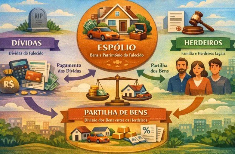 Infográfico explicando a relação entre espólio, dívidas e partilha de bens entre herdeiros em um processo de inventário.