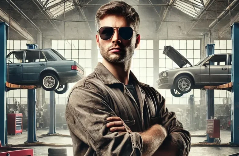 Mecânico com carros abandonados por clientes em sua oficina