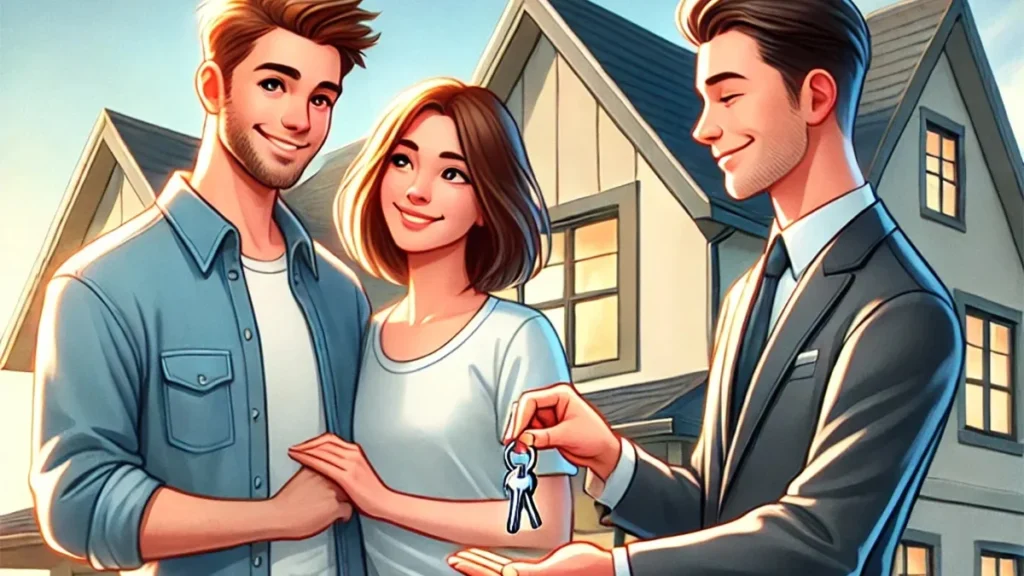 Marido e esposa recebendo as chaves de sua casa de um corretor de imóveis.