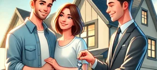 Marido e esposa recebendo as chaves de sua casa de um corretor de imóveis.