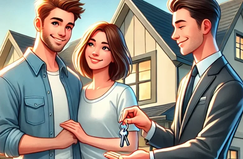 Marido e esposa recebendo as chaves de sua casa de um corretor de imóveis.