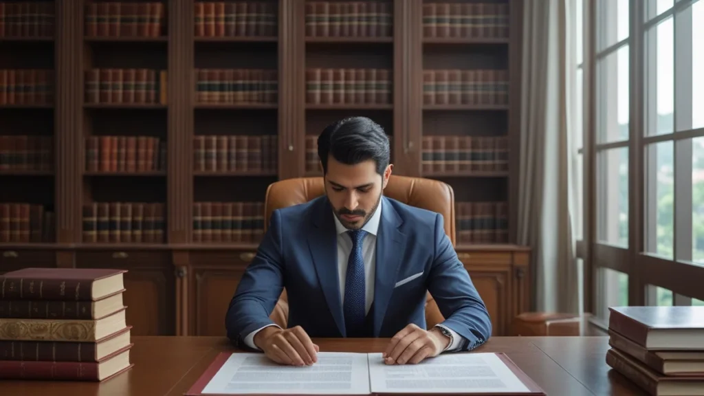 Advogado revisando contrato de prestação de serviços para formalizar alteração de escopo em projeto empresarial.