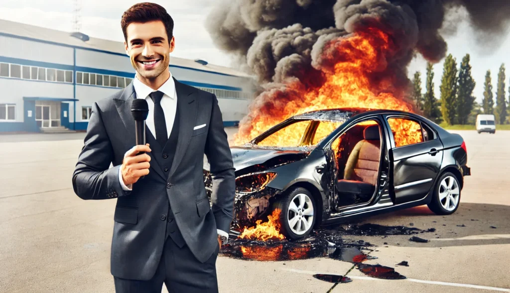 homem vendendo uma publicidade enganosa com carro pegando fogo