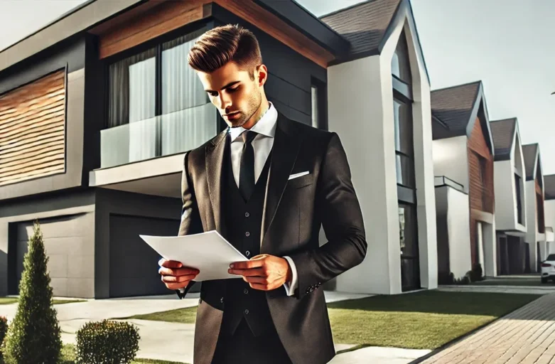 advogado analisando contrato em frente a um imóvel
