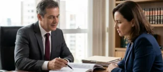 Um advogado em seu escritório conversando de forma empática com um cliente sobre direitos constitucionais e proteção do lar.