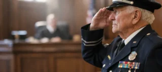 Policial idoso aposentado, fardado e com medalhas, prestando continência solene dentro de um tribunal durante audiência.