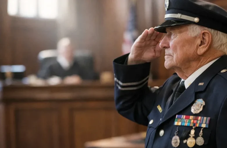 Policial idoso aposentado, fardado e com medalhas, prestando continência solene dentro de um tribunal durante audiência.