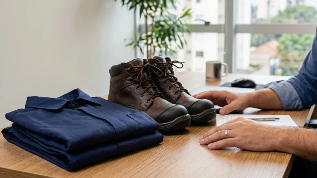 Um profissional em um ambiente de escritório analisando de forma consultiva um par de botas de segurança e um uniforme.