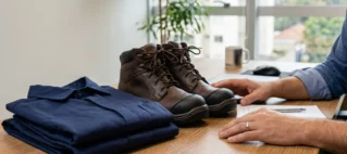 Um profissional em um ambiente de escritório analisando de forma consultiva um par de botas de segurança e um uniforme.