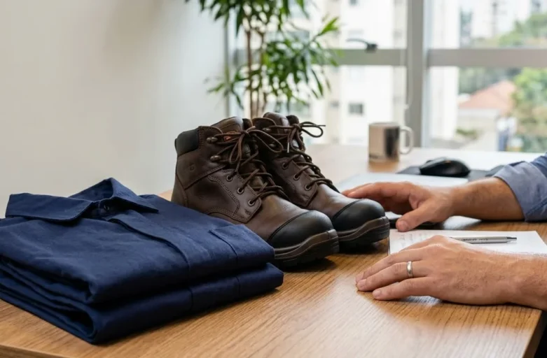 Uniforme e Equipamentos de Trabalho: Quem Deve Pagar? Guia Completo sobre a CLT Um profissional em um ambiente de escritório analisando de forma consultiva um par de botas de segurança e um uniforme.