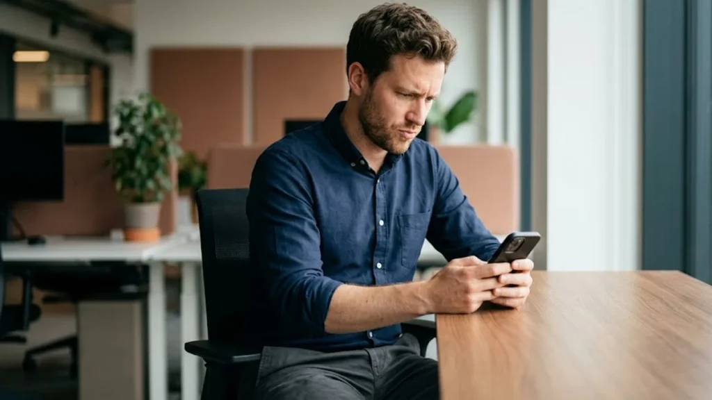 Homem com expressão de dúvida e cautela olhando para a tela do celular em um ambiente de escritório moderno.