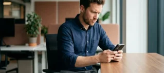 Homem com expressão de dúvida e cautela olhando para a tela do celular em um ambiente de escritório moderno.