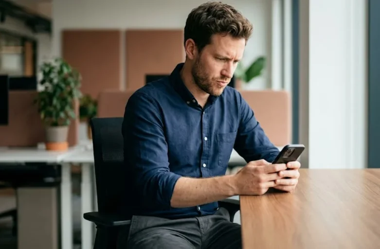 Homem com expressão de dúvida e cautela olhando para a tela do celular em um ambiente de escritório moderno.