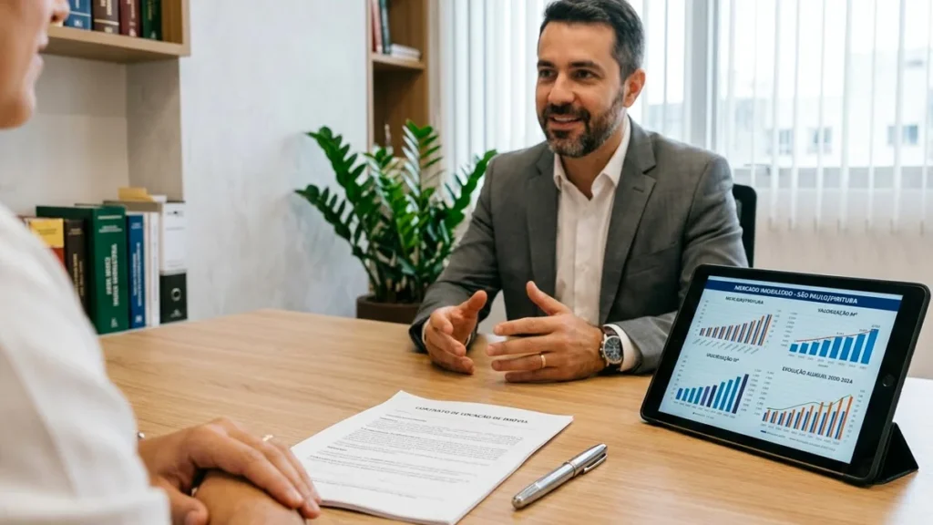 Advogado em atendimento consultivo analisando contrato de aluguel sobre uma mesa de madeira em escritório sóbrio.