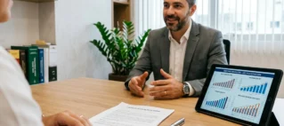Advogado em atendimento consultivo analisando contrato de aluguel sobre uma mesa de madeira em escritório sóbrio.