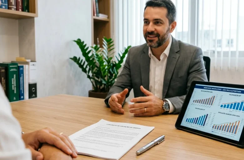 Advogado em atendimento consultivo analisando contrato de aluguel sobre uma mesa de madeira em escritório sóbrio.