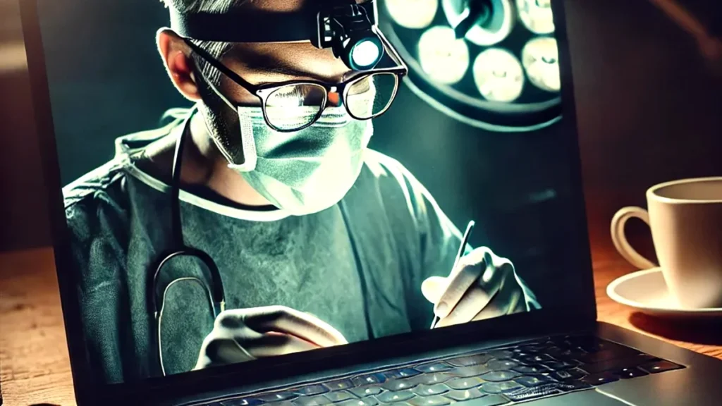 Médico utilizando plataforma de telemedicina com segurança cibernética, ilustrando medidas para evitar litígios digitais na prática médica