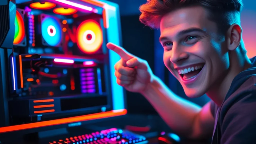 Rapaz feliz com seu PC Gamer que importou