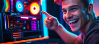 Rapaz feliz com seu PC Gamer que importou