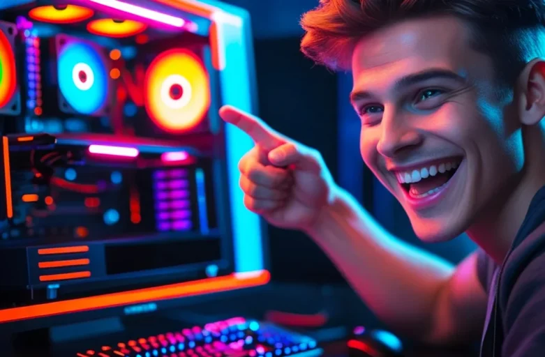 Rapaz feliz com seu PC Gamer que importou
