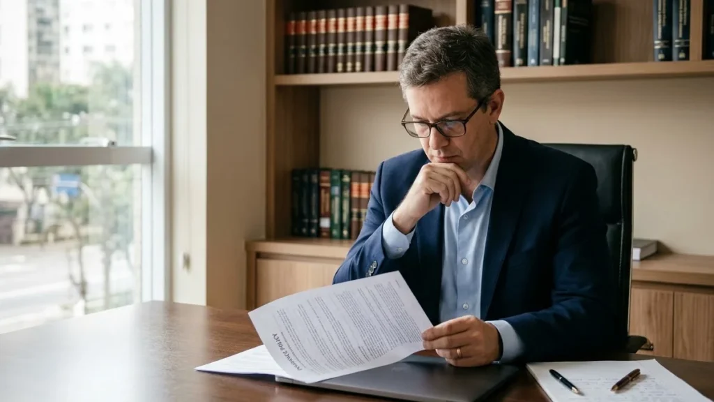Homem de meia-idade sentado em uma mesa de escritório, analisando documentos de um contrato de seguro com expressão pensativa.