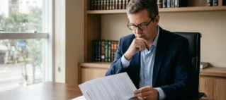 Homem de meia-idade sentado em uma mesa de escritório, analisando documentos de um contrato de seguro com expressão pensativa.