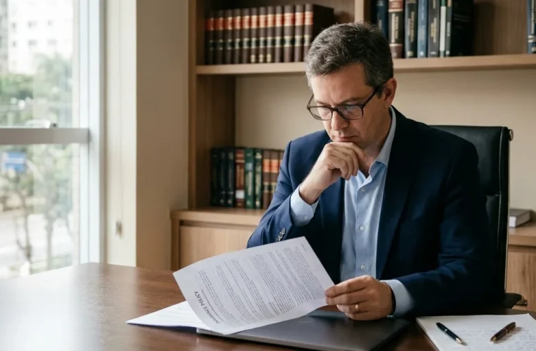 Condutor Principal: Por Que a Seguradora Pode te Multar se Você Não Informá-lo? Homem de meia-idade sentado em uma mesa de escritório, analisando documentos de um contrato de seguro com expressão pensativa.