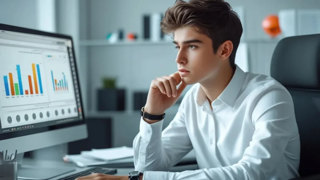 homem olhando gráficos no computador ilustrando acúmulo de função e pedido de indenização trabalhista