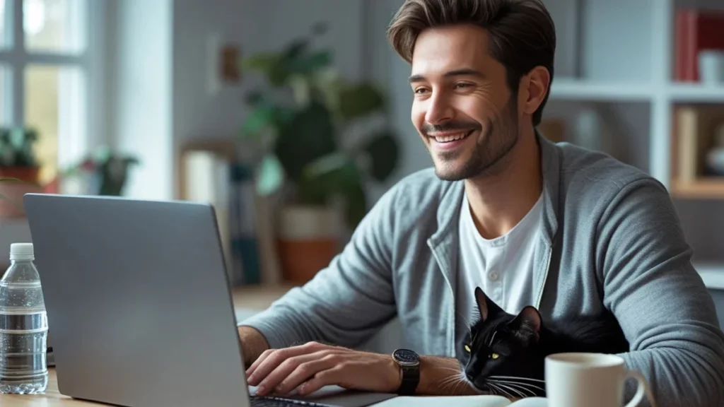 homem trabalhando em home office olhando para notebook com um gatinho ao lado, ilustrando direitos do trabalhador remoto